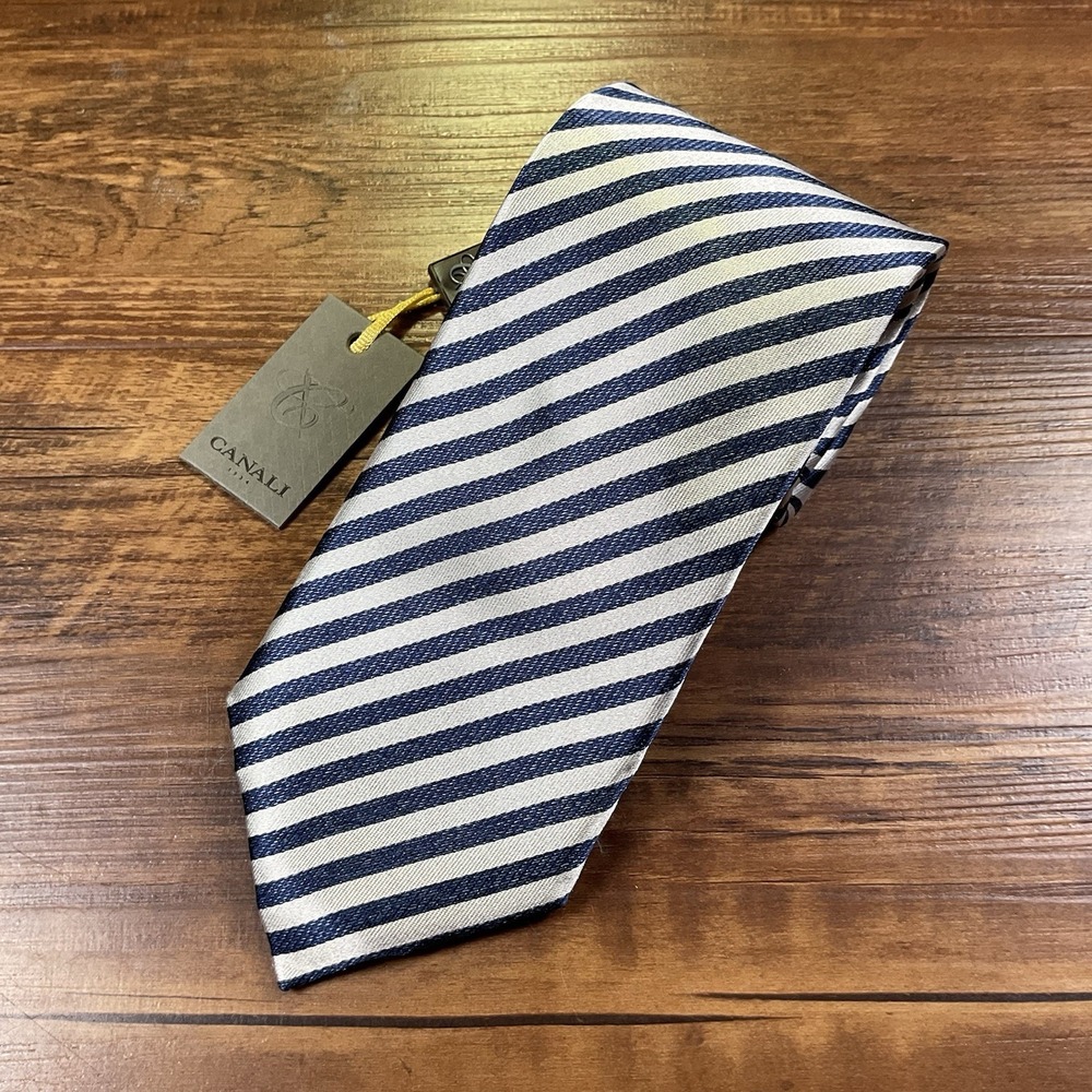 Canali 1934 Silk Tie Navy Blue Silver Diagonal Stripe Made In Italy Luxury NWT